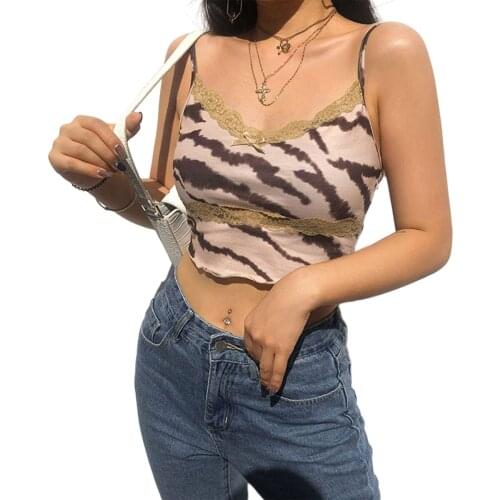 Women Sexy Backless Camis Spaghetti Strap Lace Trim Printed Short Top Girls Summer Club Party Crop Tank S/M/L