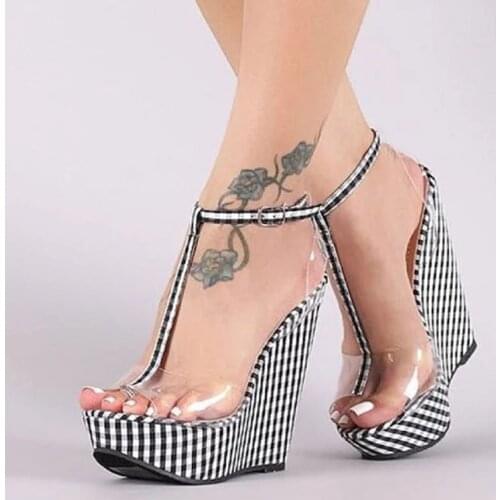 Comemore Fashion Gingham Thick Bottoms Wedge Sandals Femme Ankle Buckle Strap Platform High Heels PVC Transparent Women Shoes