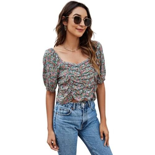 Summer New Square Collar Vintage Shirring Pullovers Wome Sexy Backless Floral Print Half Sleeve Short T-shirt Top Streetwear