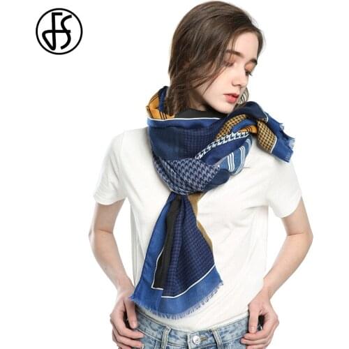 FS 2021 Autumn Winter Scarf For Women Ladies New Rectangular Houndstooth Print Cotton Hijab Yellow Blue Long Scarves Foulard