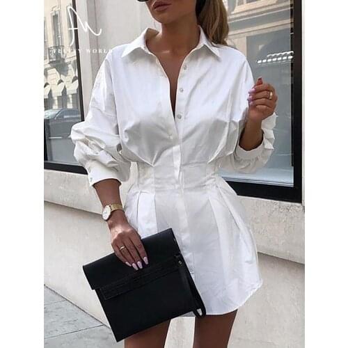 Elegant Office Lady Shirt Dress 2021 V-Neck Long Puff Sleeve High Waist Mini Dress Solid Defined Shirt Tunic Dress FLUFFY WORLD