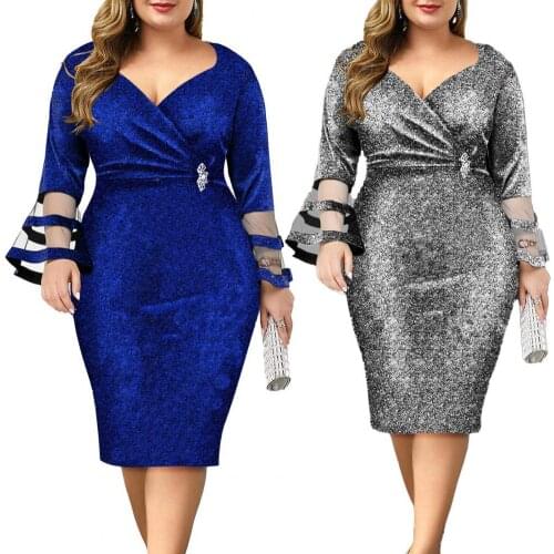 Formal Dress Sexy Women Patchwork Long Sleeve Shiny V Neck Sequin Office Party High Waist Bodycon Dress Womens Clothing 2021
