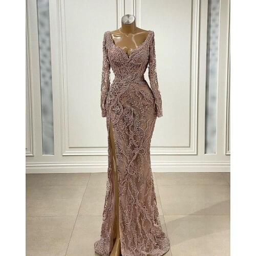 2021 Arabic Side Split Mermaid Prom Dresses V Neck Long Sleeve Beaded Applique Evening Dress Formal Party Second Reception Gowns