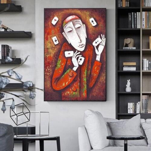 Abstract Poker Man Canvas Art Vintage Oil Painting Bright Color Big Posters Print Crazy Wall Art Aisle Death Gaze Tableaux Salon