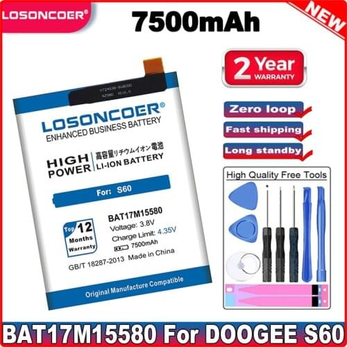 LOSONCOER 7500mAh BAT17M15580 BAT173605580 BAT17S605580 Battery For DOOGEE S60 / S60 Lite Mobile Phone Battery in stock