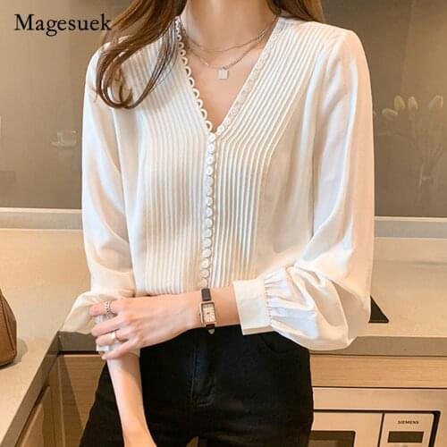 Elegant Women Blouses Pleated Fashion V-neck Button Up Shirt 2021 Autumn New Silk Long Sleeve Blouse Clothes Blusas Mujer 16106