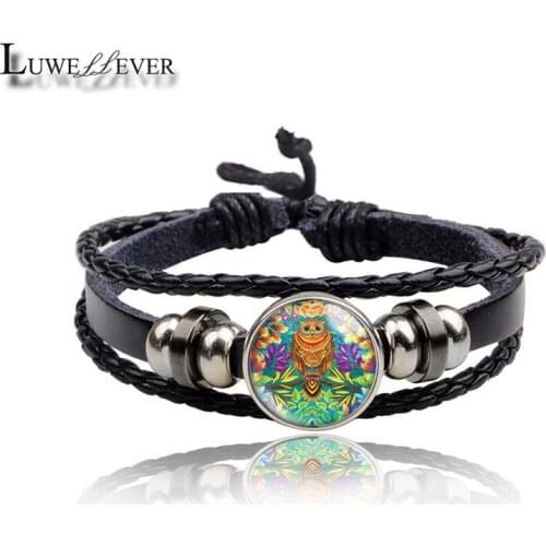 New 3953 Owl 20mm Glass Genuine Leather Bracelet 18mm Snap Button Round Cabochon Charm Jewelry For Women Men Gift