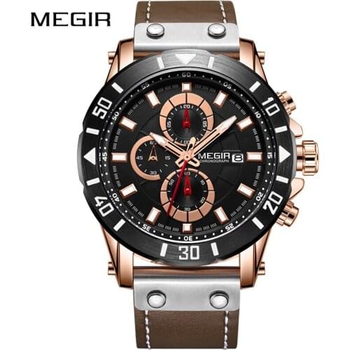 MEGIR Chronograph Men‘s Sport Watches Top Brand Luxury Leather Quartz Watch Male Clock Wristwatches Relogio Masculino Reloj 2020