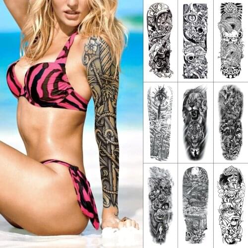 Black full arm temporary tattoo sticker Lion tiger dragon Arm large tattoo Lotus flower skull jesus Waterproof fake tattoo