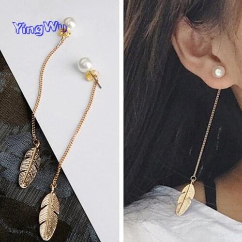 European Fashion Leaf Feather Pearls Long Tassel Stud Earrings For Women Lady Jewelry