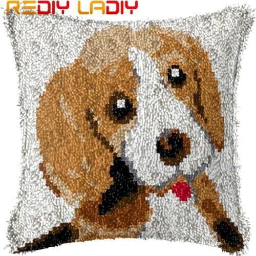 Latch Hook Cushion Lovely Puppy Dog Pre-Printed Canvas Cushion Cover Acrylic Yarn Crochet Pillow Case Hobby & Crafts Home Decor