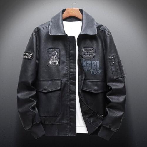 Autumn New Men 's Casual Leather Jackets Retro Embroidery Outwear Motorcycle Pu Jacket Biker Leather Flight Jacket Multi-pockets