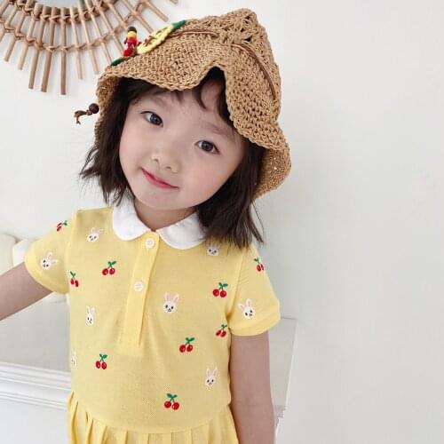 Sweet yellow doll collar dress full embroidered cherry rabbit embroidery summer short sleeve dress