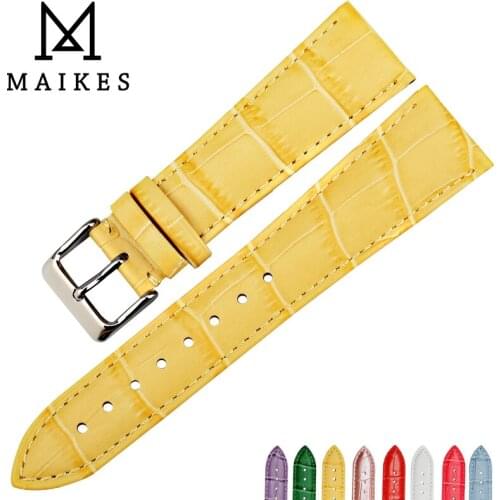MAIKES High Quality Colorful Watch Bands 22mm -12mm Slub pattern Light Yelllow Watchbands Genuine Leather Watch Strap Bracelets