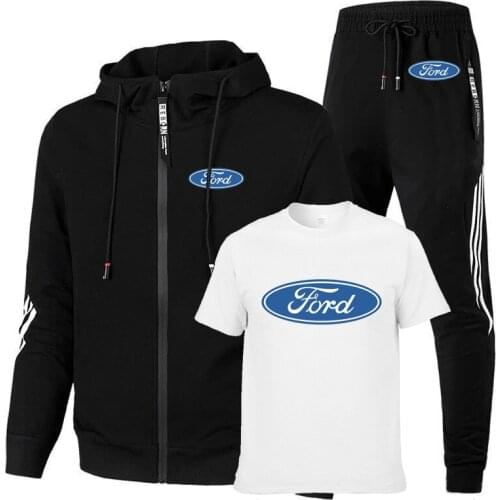 High quality Spring Autumn Cotton Casual Mens Zip Jacket Ford Car Logo Print Mens jacket + sweater+pants three-piece suit