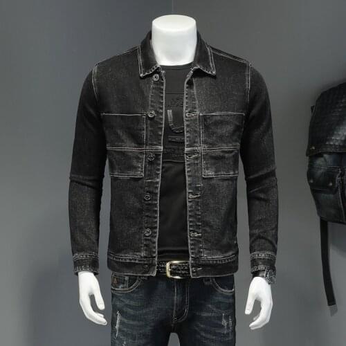 Mens Fashion Denim Jackets Spring Autumn Mens Casual Black Cotton Patchwork Jeans Coat High Quality