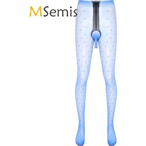 Mens Lingerie See-through Stockings Dot Pattern Bulge Pouch Pantyhose Glossy Tights Stretchy Thin Leggings Underwear