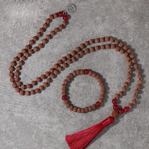 8mm Rectify Japa Mala Necklace Sets ,108 Long Rudraksha Beads Handmade Knotted Necklace ,Red Crystal Yoga Meditationl Bracelet