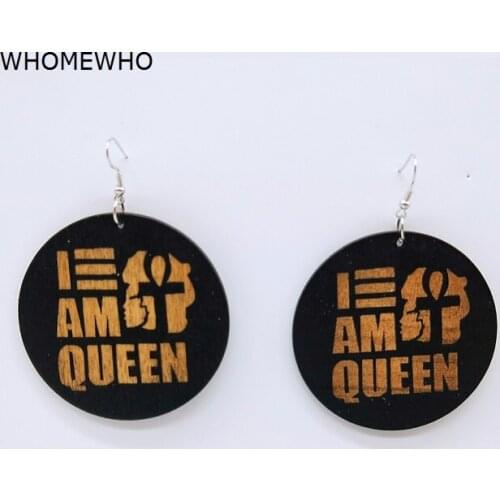 Unfinished Wood Geometric Round Africa Black Gold Letters "I AM QUEEN" Ankh Tribal Earrings Retro Wooden African Hiphop Jewelry