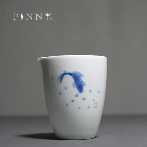 PINNY Hand-painted Carp White Porcelain Cha Hai Pigmented Chinese Kung Fu Teacup Ceramic Drinkware Tea Accessories
