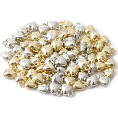 Sauvoo 100pcs/lot Heart Charm Pendant CCB Beads Gold Silver Color 10x8mm Spacer Beads for Jewelry Making DIY