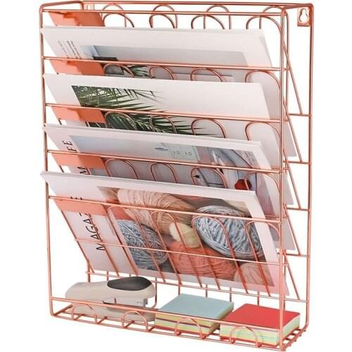 Five-story Metal Wall-mounted Storage Rack gold Newspaper Basket Home Office Magazine File Holder Desktop Bookshelf Organizer