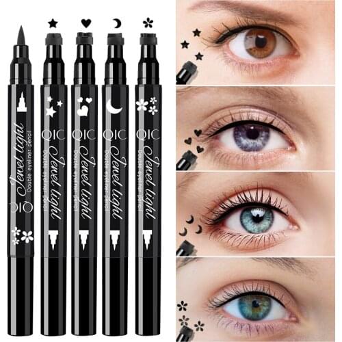 QIC 1PC Two Head Eyleliner Stamp Pen with Four Shapes Long Lasting Liquid Eye Liner Waterproof Smudgeproof Makeup Set Tool