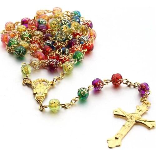 Rose Bead Cross Necklace Christian Catholic Jewelry Wholesale