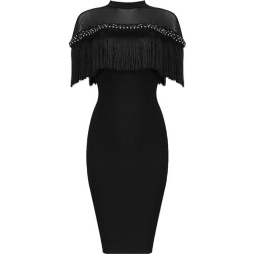 Selective Tassel Crystal Beading Black Bandage Dress Mesh Patchwork Fringed Mock Neck Short Sleeve Mini Sexy Sheath Club Dress