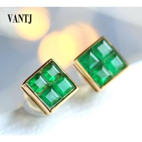 VANTJ Real Natural Emerald Stud Earring Sterling 14k Yellow Gold Simple Elegant Fine Jewelry for Women Lady Party Wedding Gift