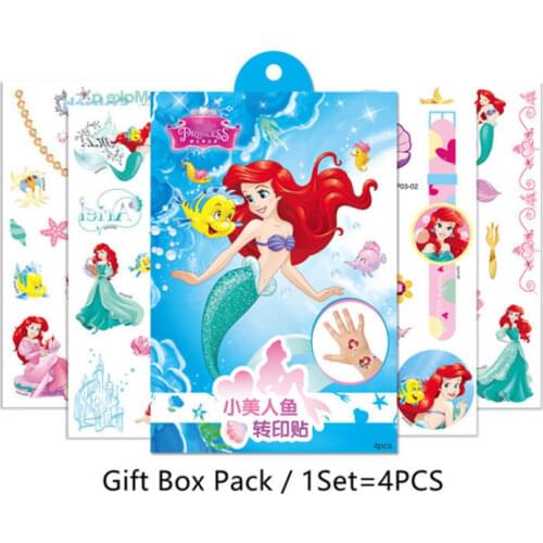 Disney Kids Temporary Tattoo Stickers Baby Girl Toy Princess Mermaid Body Art Waterproof Tattoo Stickers With Gift Box