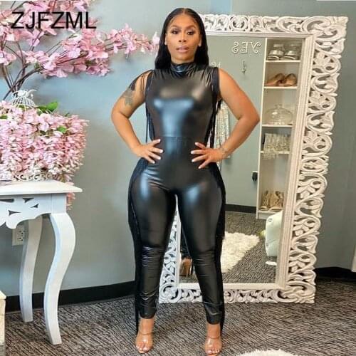 Bright PU Leather Sexy Rommpers Womens Jumpsuit Autumn Fashion Women Clothing Side Tassels Patchwork Bodycon Club Party Bodysuit