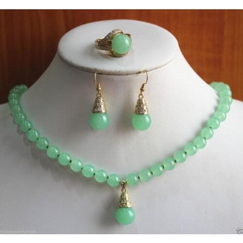 Jewelry Fashion Precious 2 Colors green jade Necklace Earring Ring set>>plated watch wholesale Quartz stone CZ crystal
