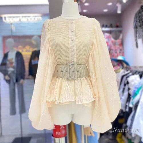 Autumn Blouse Femme New Design Irregular Ruffled Striped Shirt Lantern Sleeve Belt Waist Tops Women Fashion Blusas 2021