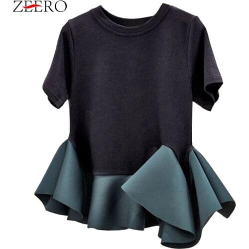 2019 Korean Women Summer Ruffles Tshirt Aesthetic Tees Female Short Sleeve Casual Tops Preppy Style Patchwork T Shirts Camisetas