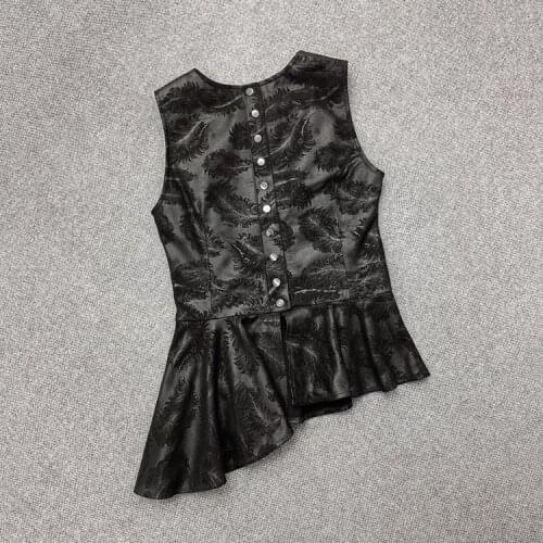 2021 Spring New Designer Womens High Quality Sheepskin Real leather Vests Chic women asymmetric Tank Tops C626