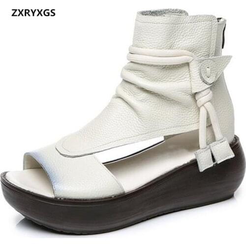 2021 New Summer Top Cowhide Women Leather Sandals Classic Retro Thick-Soled Wedges Sandals Women Cool Boots Roman Women Sandals