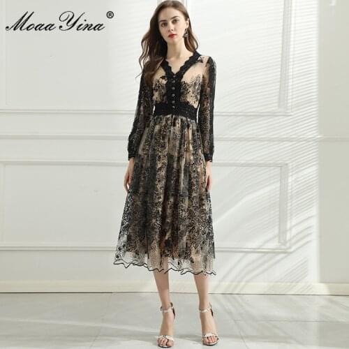 MoaaYina Summer Fashion Runway Party Dress Women V-neck Black Lace Patchwork Mesh Embroidery Sequins Dress Vestidos