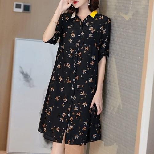 Women Elegant Black Floral Chiffon Casual Mini Shirt Dress 2021 Summer Vintage Print 3XL Plus Size Dress Bodycon Party Vestidos