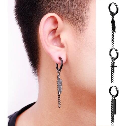 1 PC Stainless Steel Cross Stud Earring For Men Piercing Hoop Ear Jewelry Gothic Punk Round Feather Drop Hip Hop Boy Women Gift