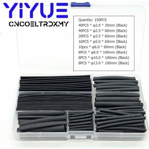 150pcs/Box 2:1 Polyolefin Heat Shrink Tubing Tube Sleeving Wire Electrical Insulation Cable Kit 8 Sizes 2-13mm Black Assortment