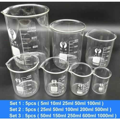 5Pcs Lab Chemical Experiment Equipment Clear Low Form Borosilicate Glass Beakers