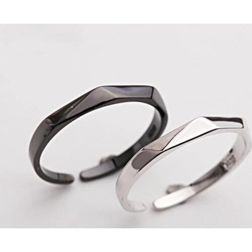 925 Sterling Silver Black Personality Brushed Ring Opening Adjustable Size Men And Women Frosted Couple Geometric Jewelry