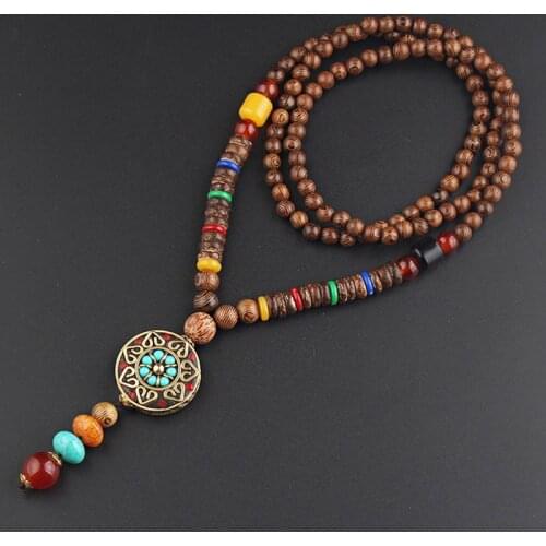 Handmade Buddhist Wood Beads Round Pendant & Necklace Long Ethnic Necklace Nepal jewelry Women Men Accessories