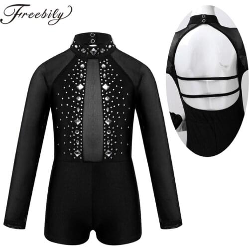 Kids Girls Long Sleeves Gymnastics Leotard Mock Neck Rhinestone Tulle Splice Backless Ballet Dance Unitard Biketard Dancewear