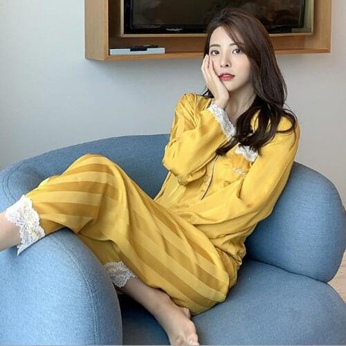 Fdfklak Silk Pajamas Set Women Satin Sleepwear 2021 Spring New Long Sleeve Trousers Pyjamas Home Clothing Nightwear