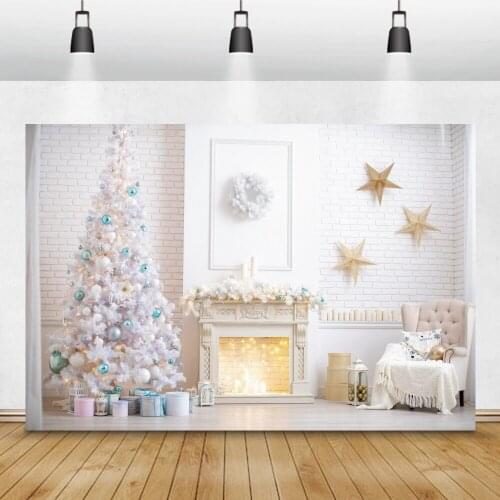 Fireplace Christmas Tree White Brick Wall Background Baby Child Sofa Gifts Pattern Photography Backdrop Family Party Photocall