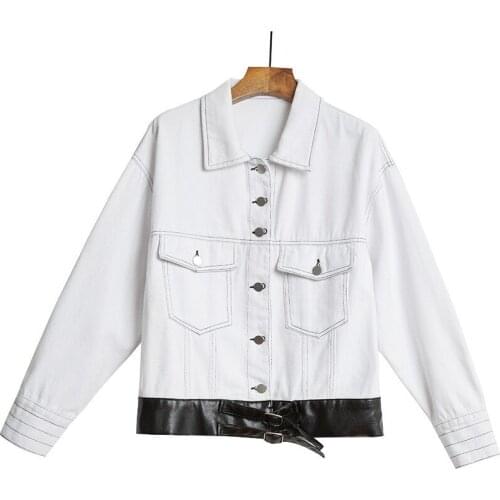 2021 Spring And Autumn New Womens Denim Jacket Stitching Loose Personality Denim Jacket Fashion PU Material Jacket Women C068