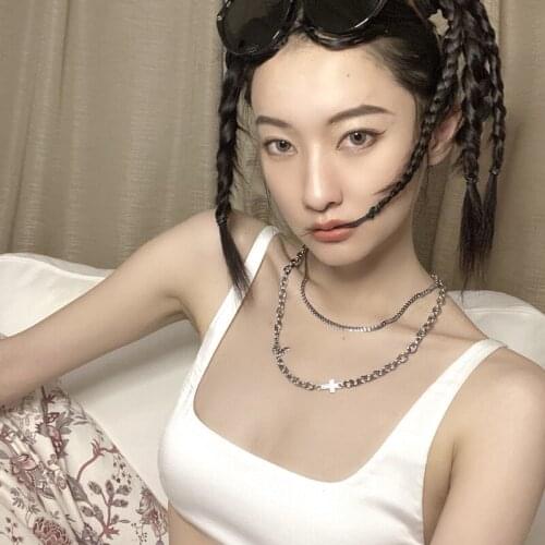 TIMEONLY Statement Double Layered Cross Butterfly Hollow Alloy Chunky Chain Necklace for Women Female Simple Jewellery Hip Hop