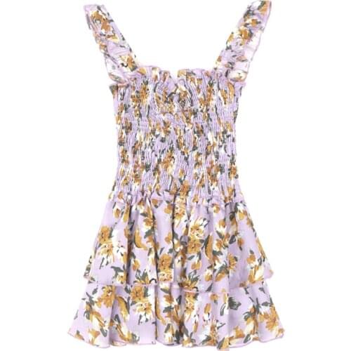 PERHAPS U Strap Mini Dress Sexy Sleeveless Violet Floral Print Slash Neck Cascading Ruffle Beach D1984